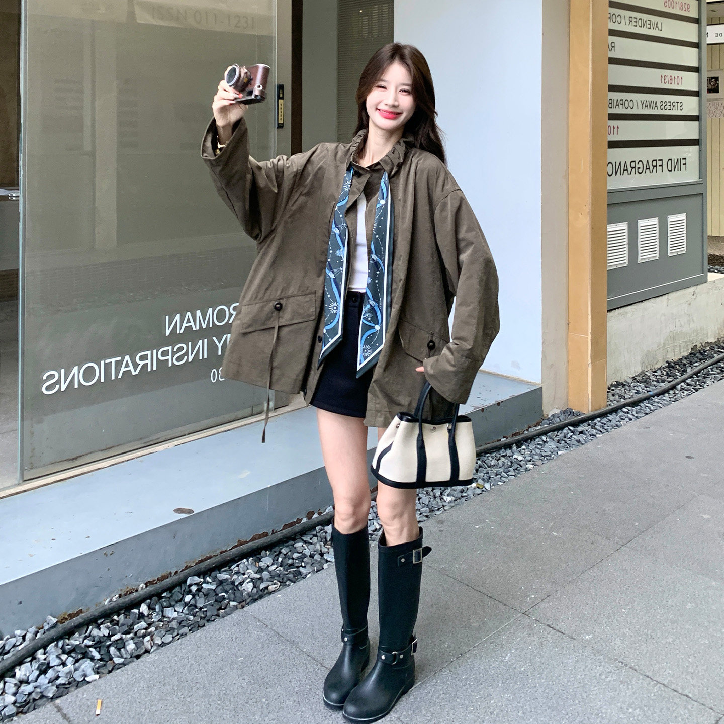 韩系工装风立领宽松外套女军绿色