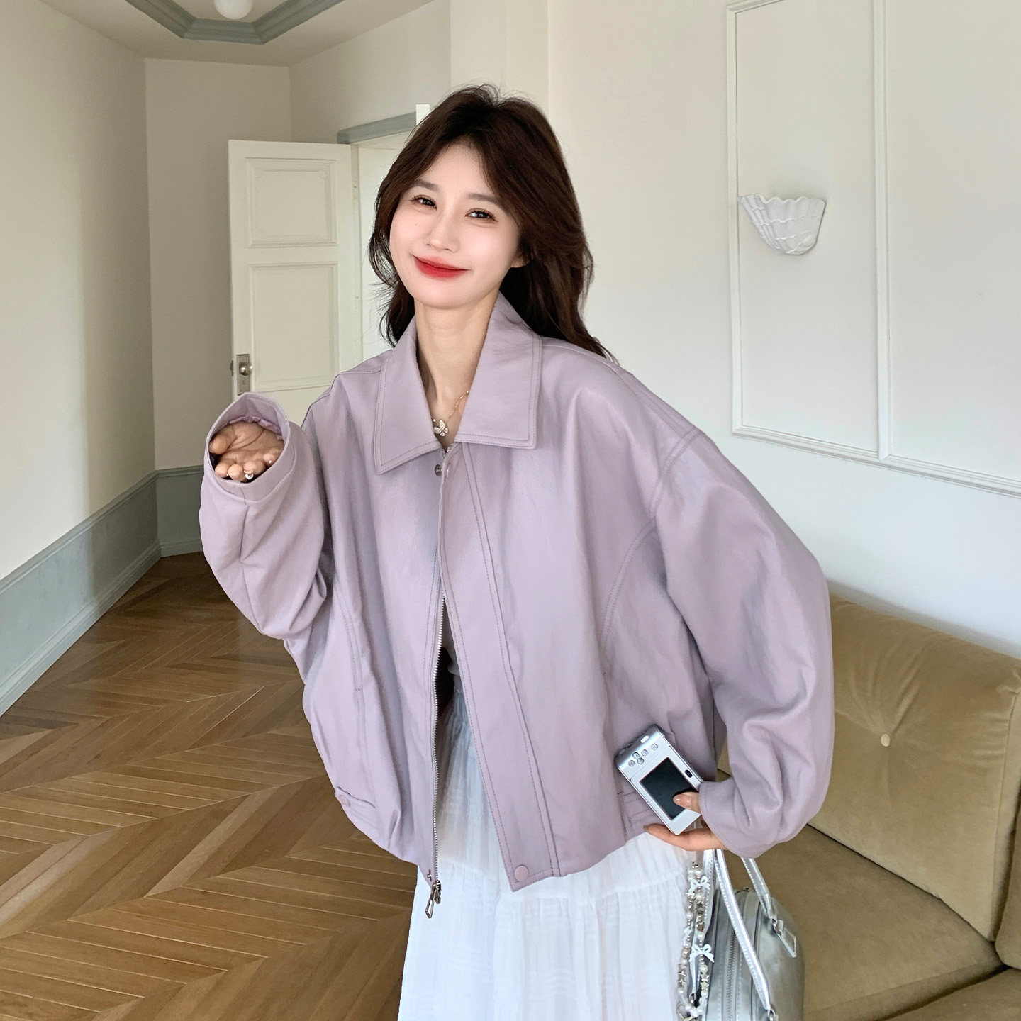 紫色高级感简约风休闲PU皮外套女2026春新款时尚洋气翻领短款夹克