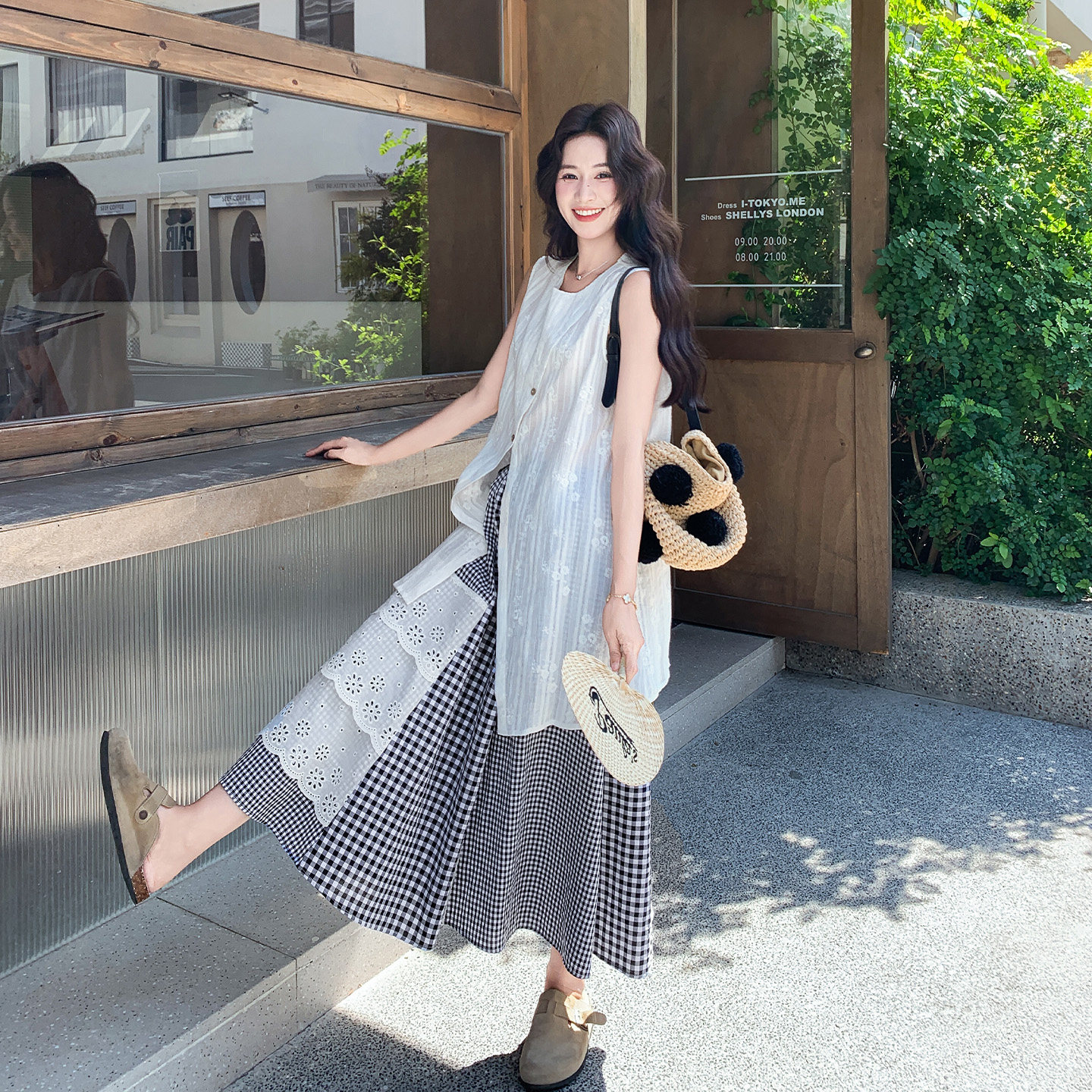 格纹拼接裙女夏季减龄两件套装