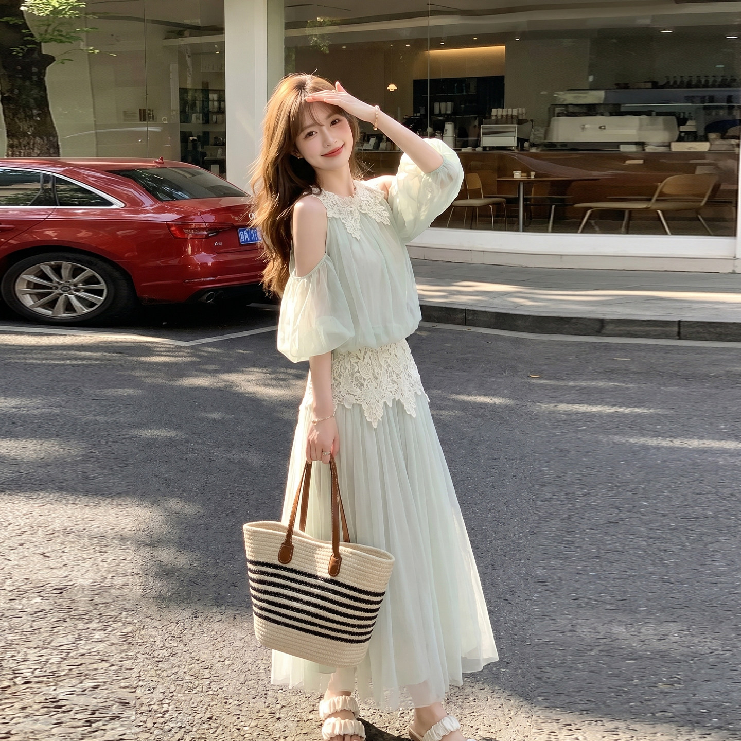 夏季女装露肩泡泡袖两件套