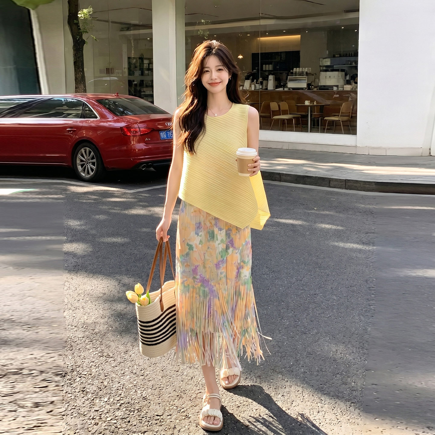夏日高级感不规则压褶无袖背心流苏印花半身裙两件套2026时尚新款