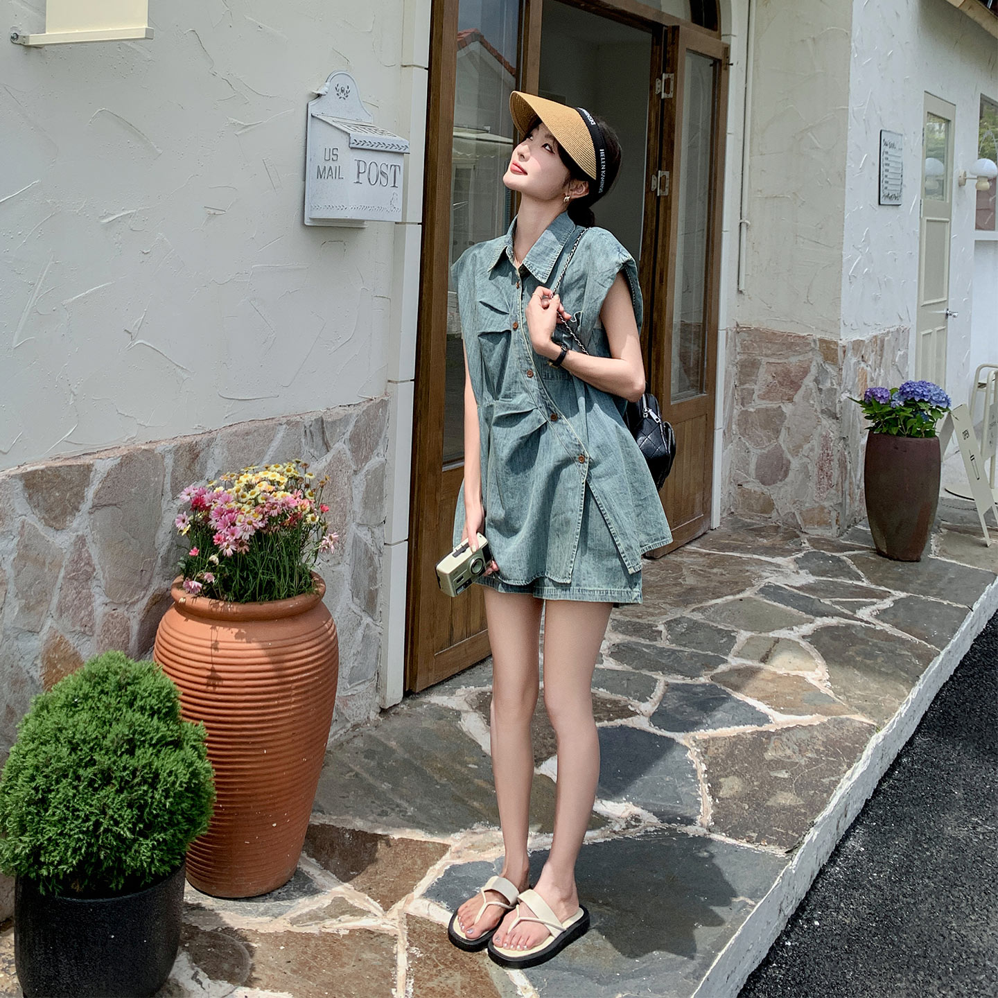 小个子穿搭牛仔套装女2026夏季新款休闲不规则衬衫休闲短裤两件套