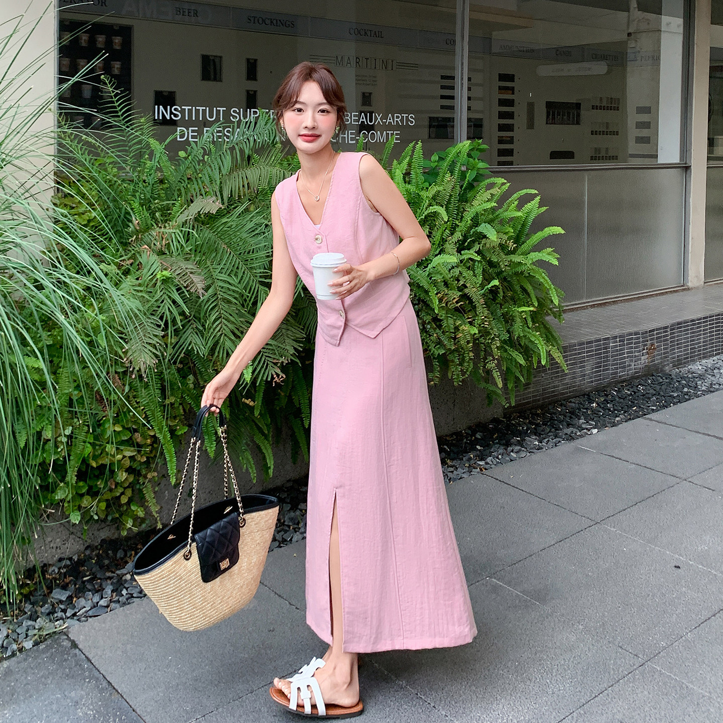 粉色甜美优雅淑女风套装夏日高级感马甲开叉半身裙两件套2026新款