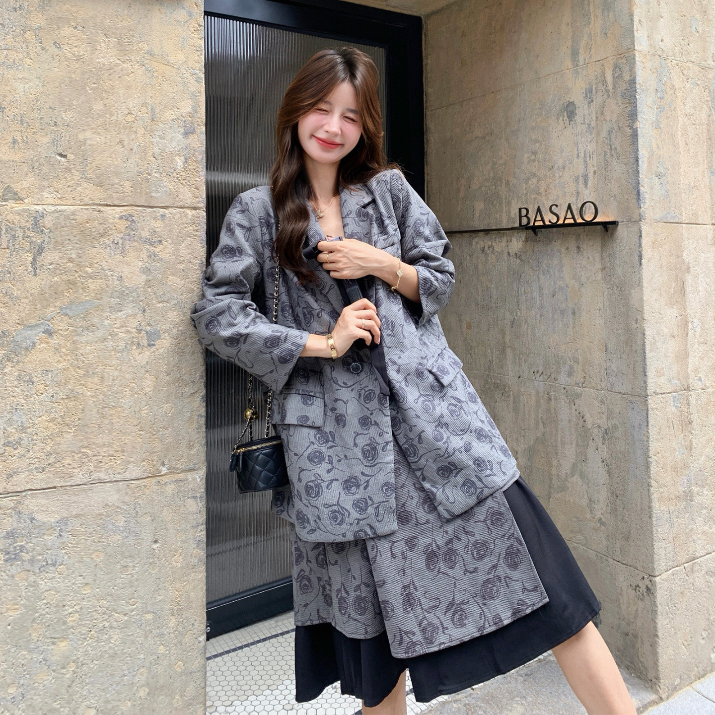 秋季法式通勤印花西装两件套女