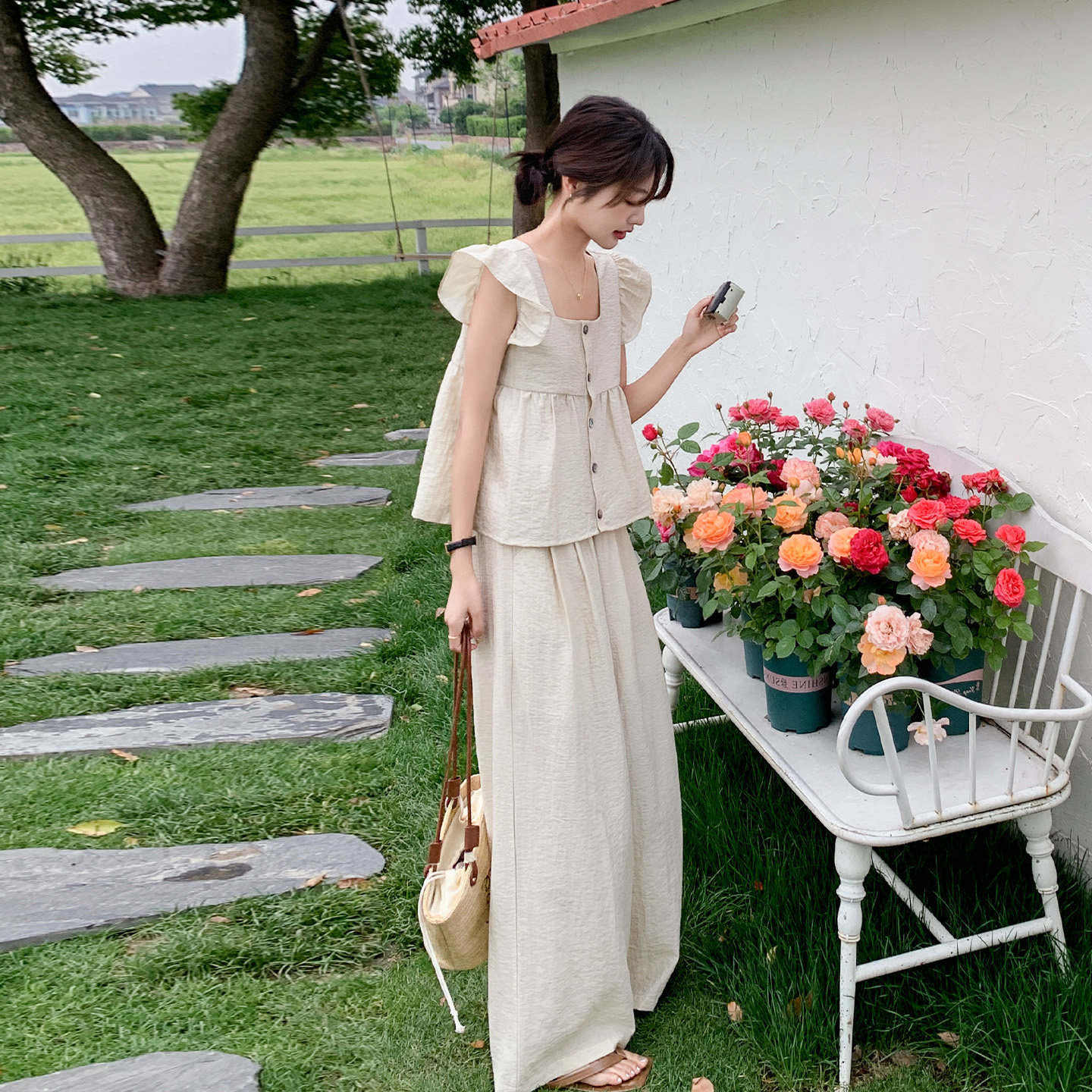 A19/208  小香风飞袖棉麻套装女夏薄款松弛感阔腿裤两件套气质