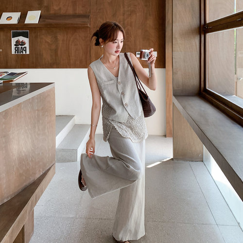 轻熟风马甲阔腿裤套装女夏