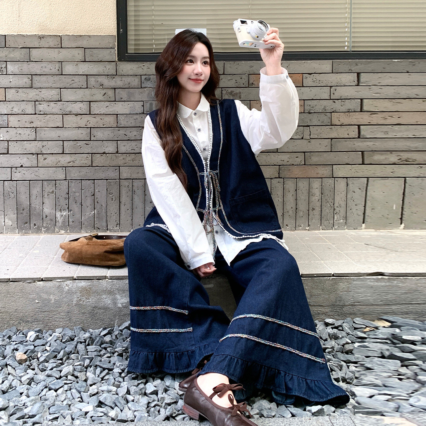 日系文艺范牛仔马甲套装女秋季