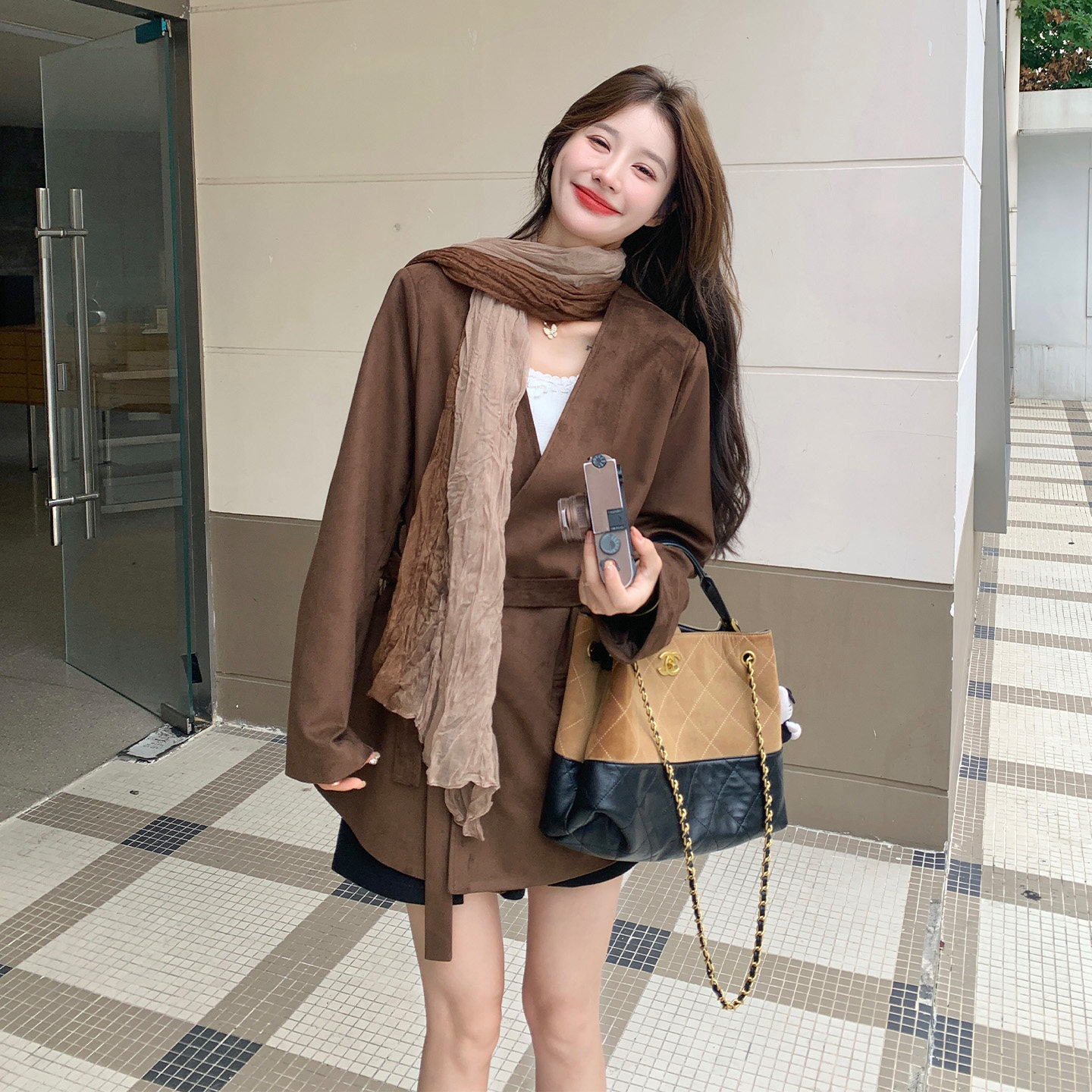 复古咖色西装外套女小个子高级