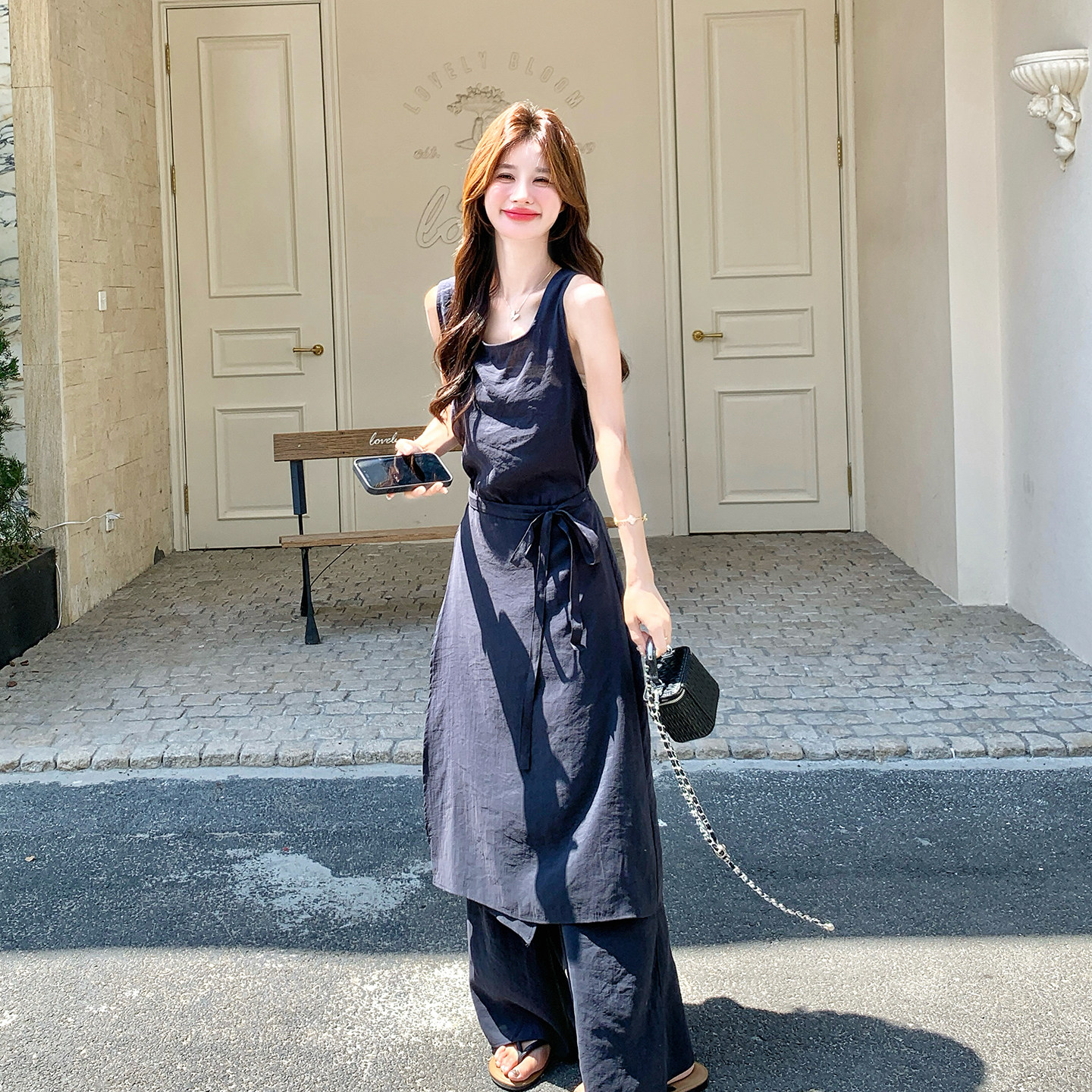 女夏慵懒风背心阔腿裤三件套