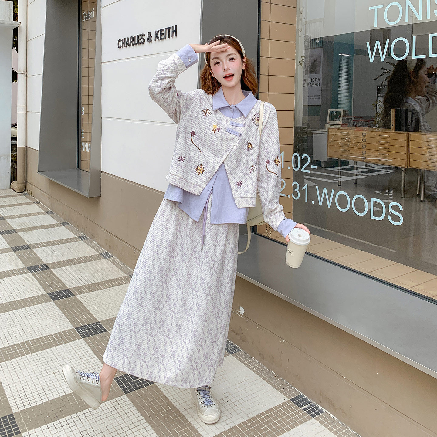 紫色贵感千金大小姐套装女2026秋新款假两件刺绣衬衫半身裙两件套