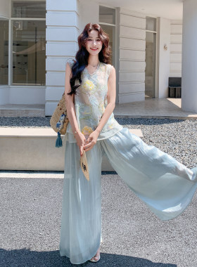 蓝色俏皮甜美国风少女穿搭夏日刺绣上衣阔腿裤两件套2026夏日新款