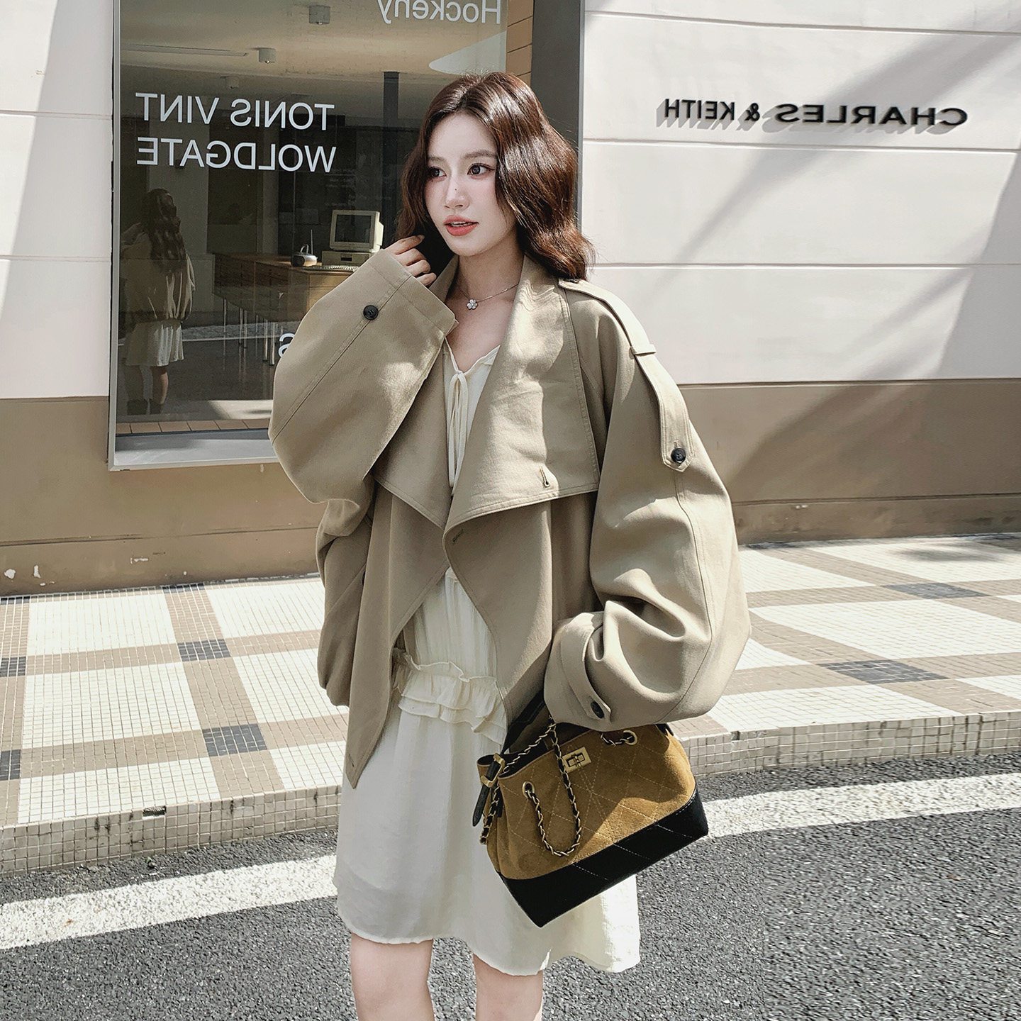 韩版宽松翻领女卡其色风衣外套