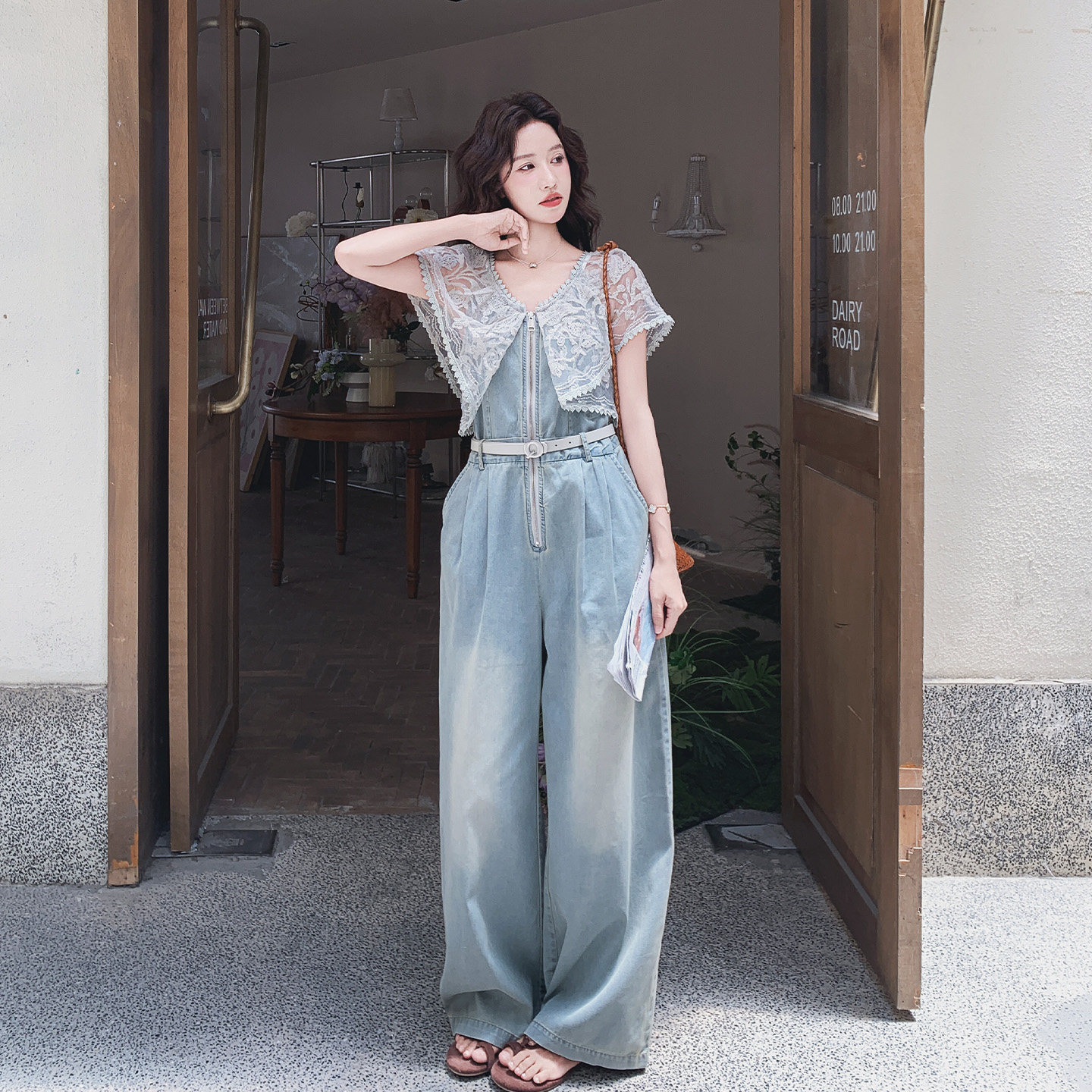 连体裤女高腰阔腿裤浅蓝色