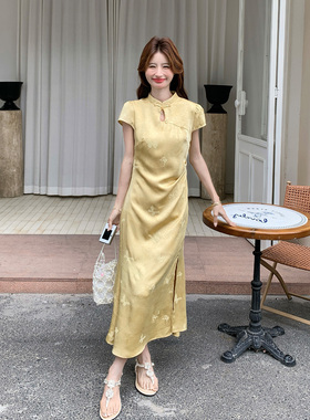 A14  新中式风改良旗袍连衣裙女夏收腰显瘦气质长裙黄色