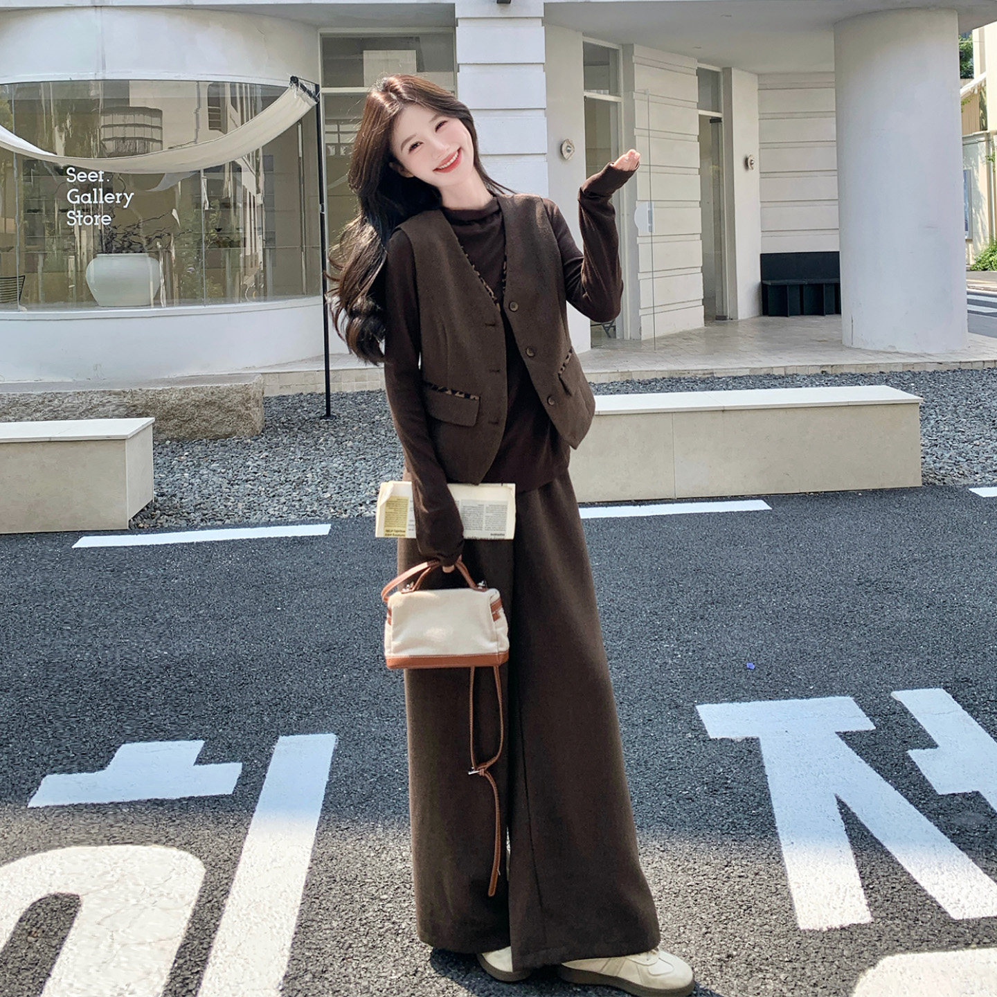 通勤简约咖色马甲阔腿裤三件套女