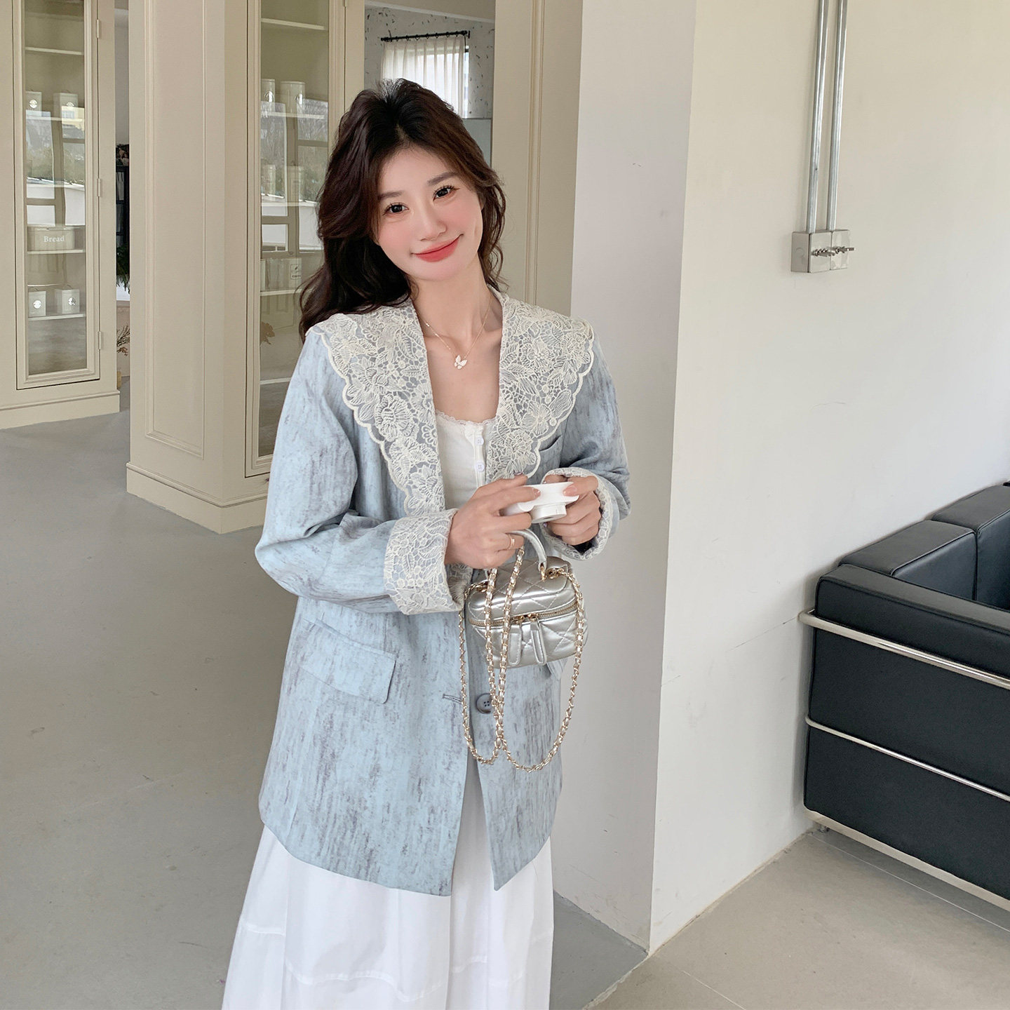 蓝色清新减龄ins风蕾丝拼接外套女2026新款韩系时尚百搭扎染西装