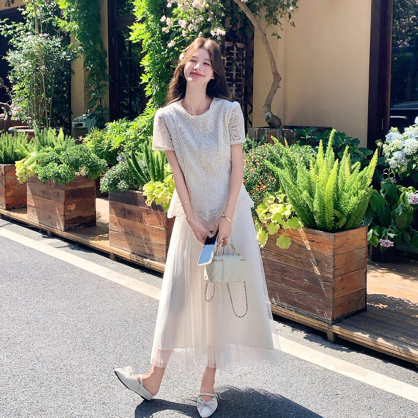法式小香风网纱拼接两件套女夏