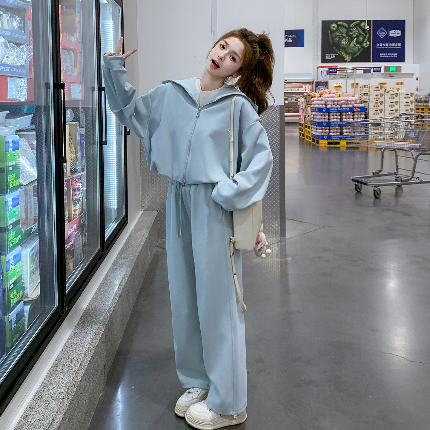 蓝色休闲运动套装女春季2026新款韩版海军领卫衣直筒阔腿裤两件套