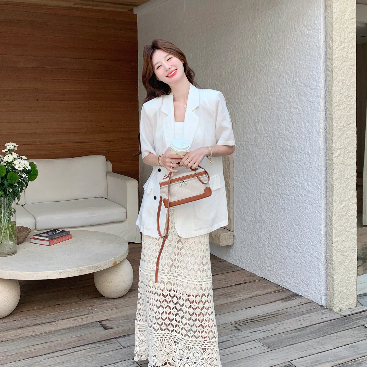 法式优雅气质女神范通勤穿搭2026夏新款短袖西装钩花半身裙两件套