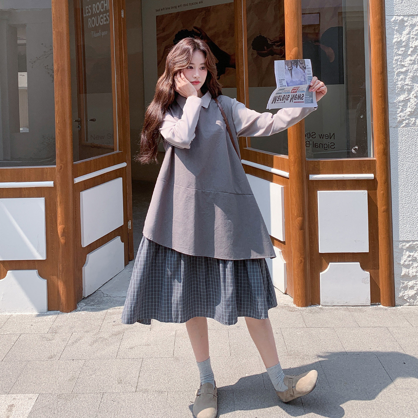 韩系格纹拼接背心连衣裙套装女2026春季新款小个子翻领内搭两件套