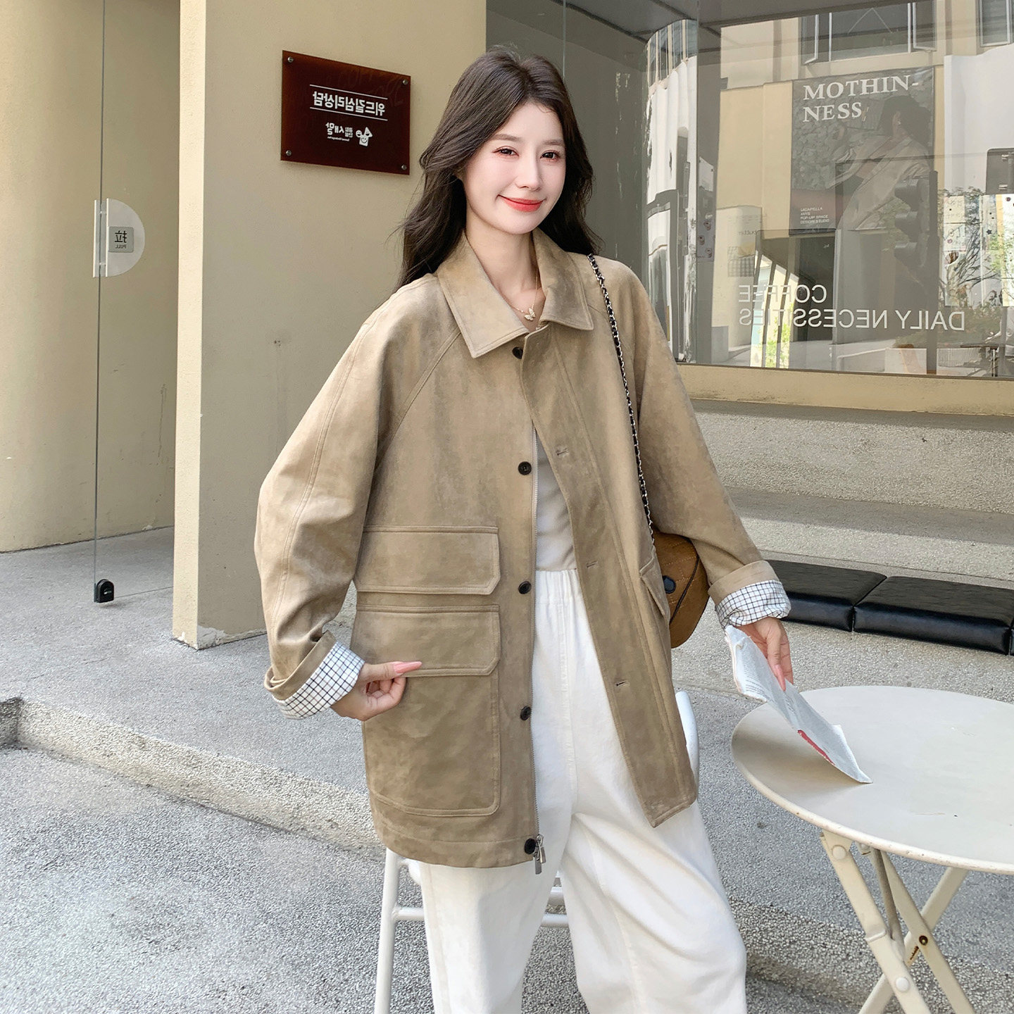 复古休闲风麂皮翻领外套女