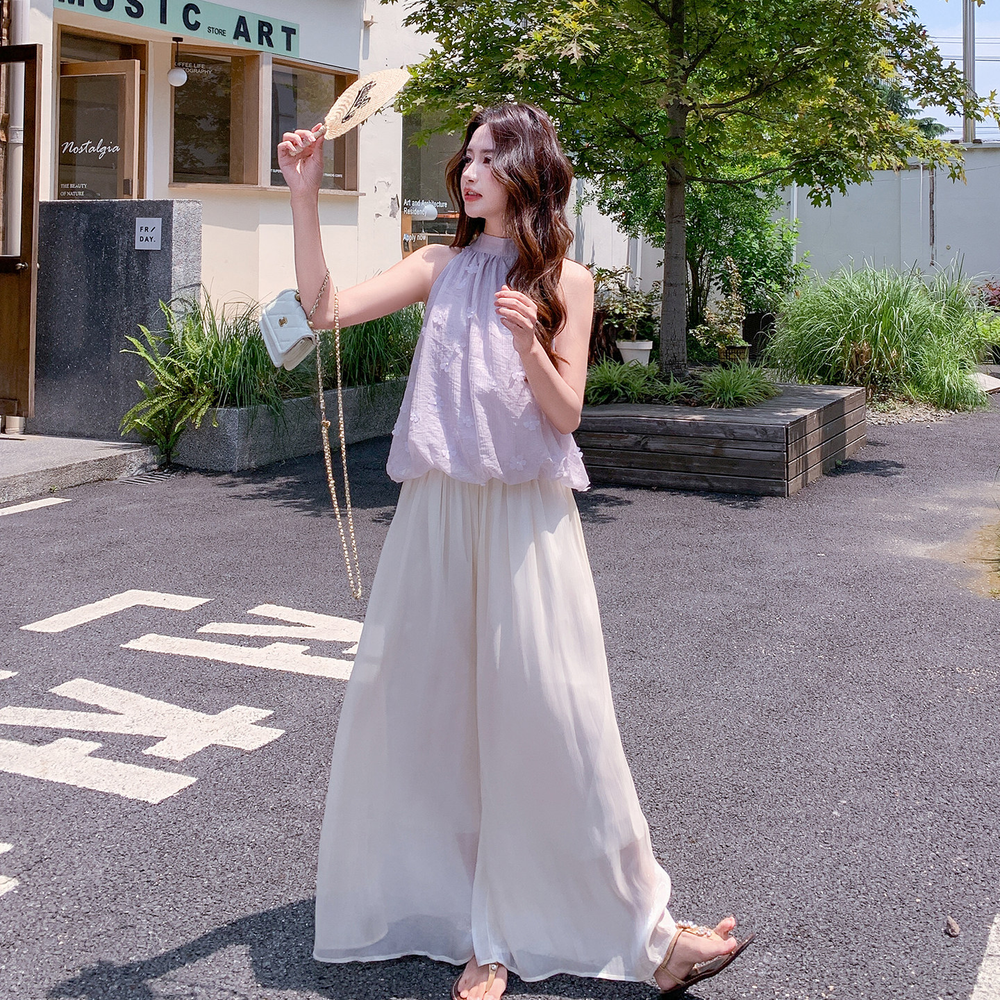 夏季温柔风无袖阔腿裤两件套女