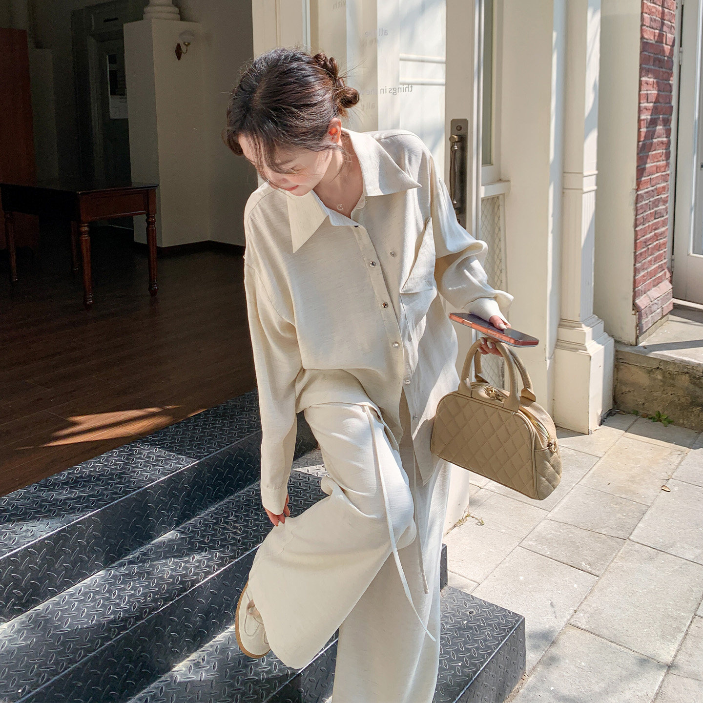 韩系穿搭春季轻熟简约风衬衫套装女2026新款高腰显瘦阔腿裤两件套