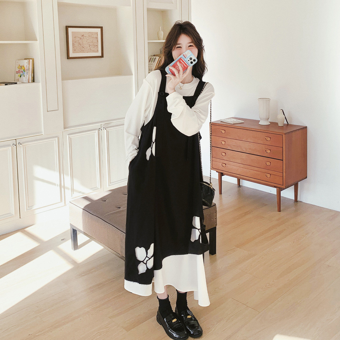 法式叠穿撞色背带裙两件套女