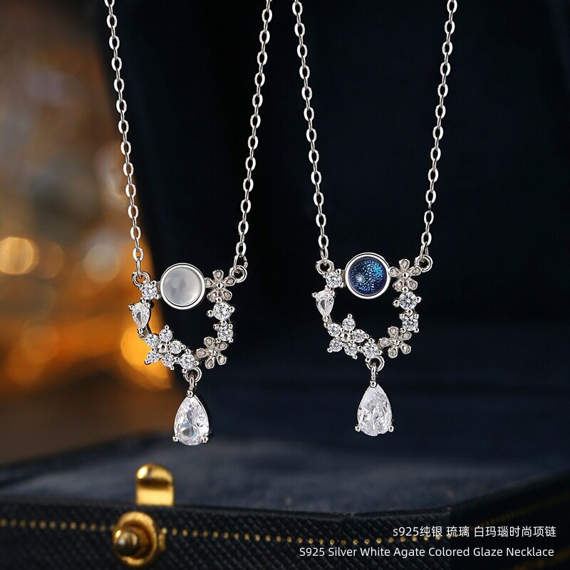 S925纯银项链女小众白玛瑙星空石花环吊坠锁骨链饰品闺蜜朋友礼物