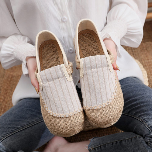 2026春秋新款亚麻鞋女文艺森女单鞋 条纹拼色缝线透气布鞋