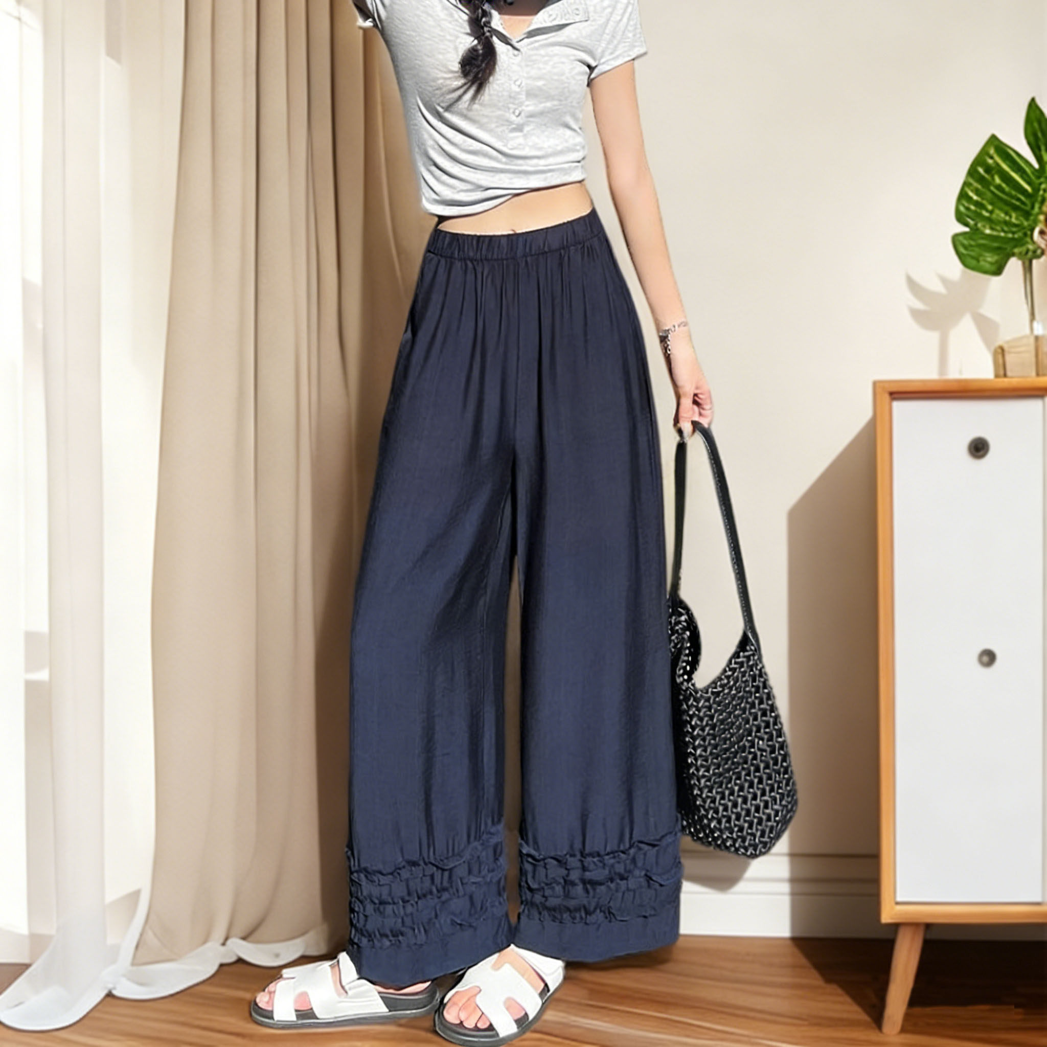 木耳花边亚麻休闲裤女春季新款