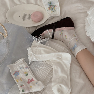 ins风韩系春日花花日系可爱蝴蝶结袜子女中筒袜夏季 薄网眼堆堆袜