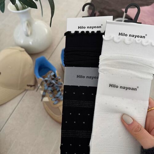 Hilo nayean南业2609薄镂空黑白色网眼木耳边松口无骨中筒堆堆袜