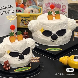 墨镜小狗头蛋糕装饰摆件派对帽小熊蜡烛插件毛球帽儿童甜品台配件