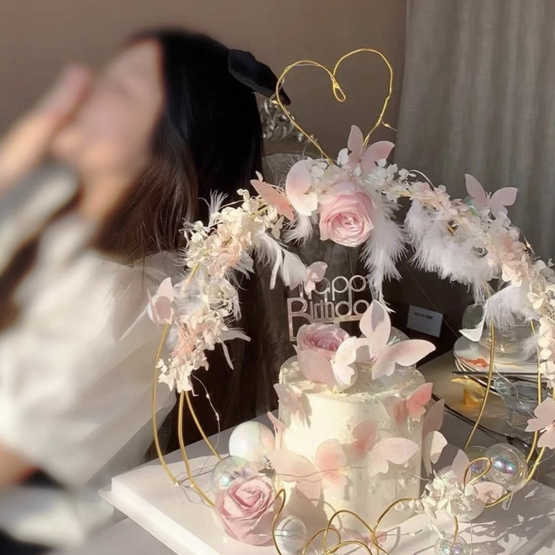羽毛拱门女神生日蛋糕装饰摆件威化纸蝴蝶玫瑰花绣球花朵插件插牌