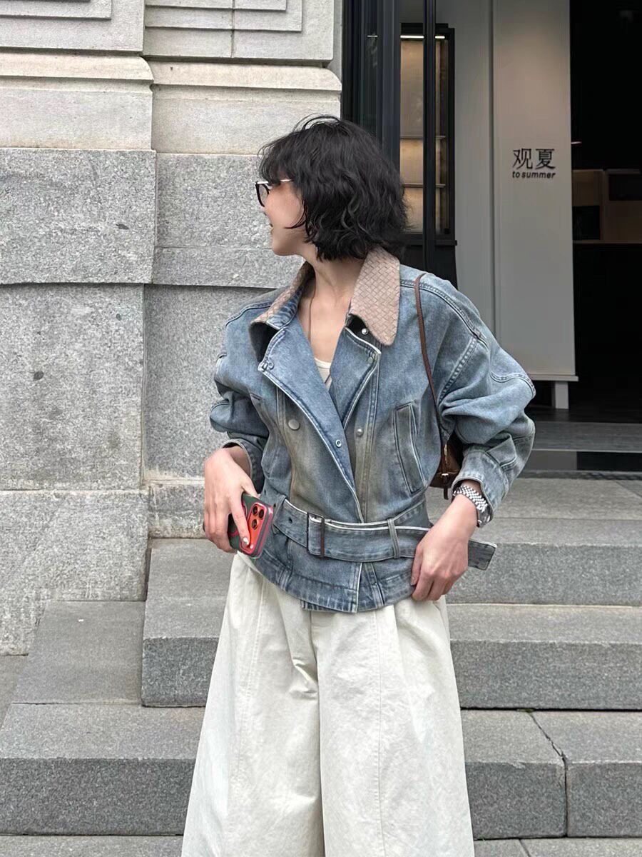 2026秋新款韩版宽松显瘦牛仔外套女设计感小众短款夹克上衣编织领