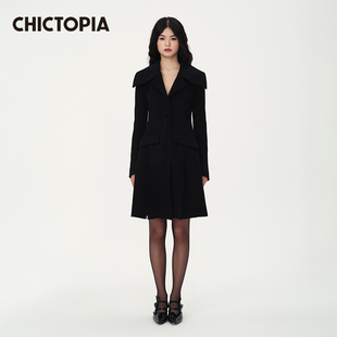 CHICTOPIA刘清扬原创设计黑色羊毛大翻领收腰开叉大衣