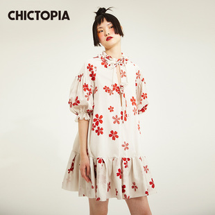 CHICTOPIA刘清扬 连衣裙 白色甜美少女红色梅花七分袖 花边短款