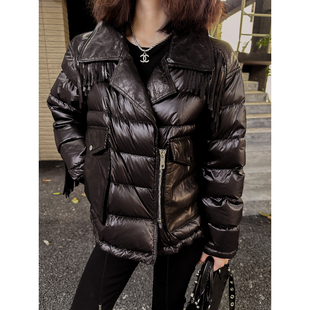 原创设计2025秋冬可拆卸毛领山羊皮流苏酷帅机车羽绒服 弓ECHO