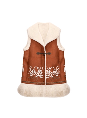 【弓ECHO】原创澳洲美丽奴真皮毛一体翻领纯手工刺绣长马甲