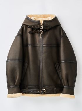 【弓ECHO】2025冬季A级法国羊皮毛一体皮带扣连帽皮草外套女