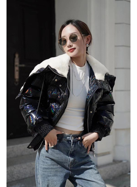 【弓ECHO】天使之翼原创秋冬羊皮毛披肩连帽白鹅绒炫彩羽绒服