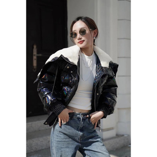 天使之翼原创秋冬羊皮毛披肩连帽白鹅绒炫彩羽绒服 弓ECHO