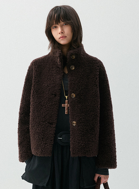 VIVIDINI 秋冬短款小立领羊羔毛外套