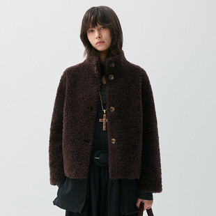 VIVIDINI 秋冬短款小立领羊羔毛外套