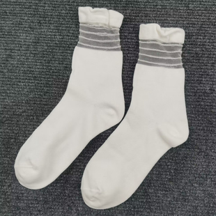 微瑕疵微黄袜子女中筒春季 玻璃丝纯棉袜白色百搭吸汗全棉花边女袜