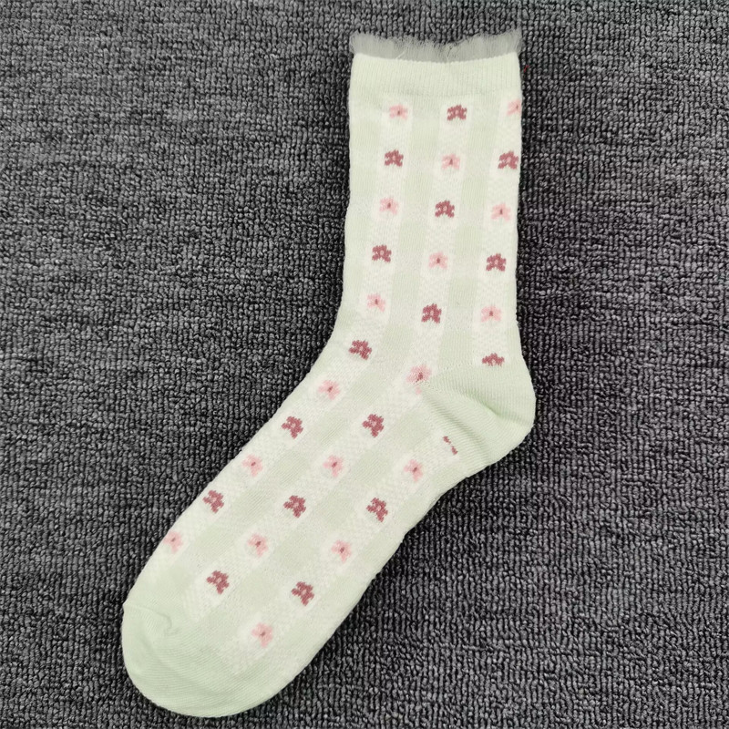 中筒袜子女清新浅绿小碎花纯棉袜夏季薄款网眼透气花边甜美女生袜