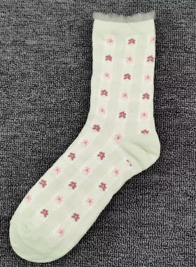 中筒袜子女清新浅绿小碎花纯棉袜夏季薄款网眼透气花边甜美女生袜