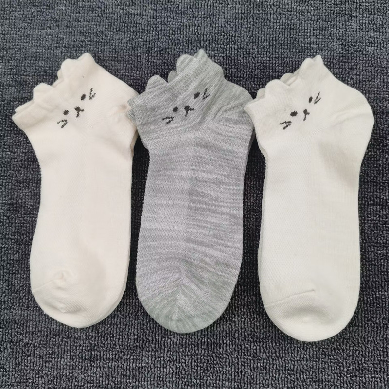 立体耳朵猫咪卡通袜子女短筒纯棉短袜网眼透气四季纯色可爱女士袜,女士内衣/男士内衣/家居服,短袜,淘宝优惠券,粉丝福利购,淘宝优惠卷