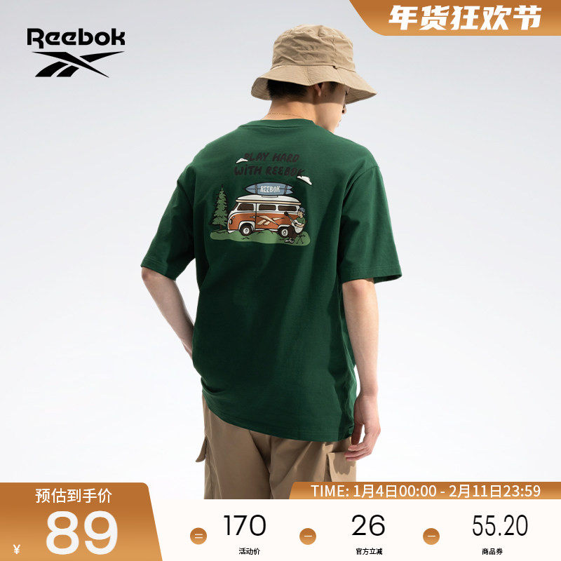 Reebok锐步官方26新品男女休闲运动卡通后背印花针织短袖T恤